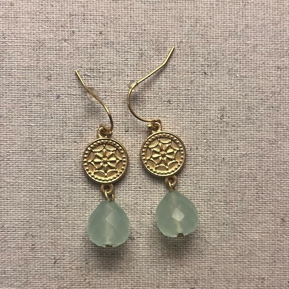 Gold and Green Medallion Stone Teardrop Earrings - Picture 3 of 4